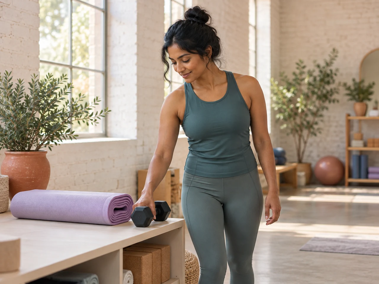 A woman in a teal outfit preparing a dumbbell beside a rolled mat in a bright studio