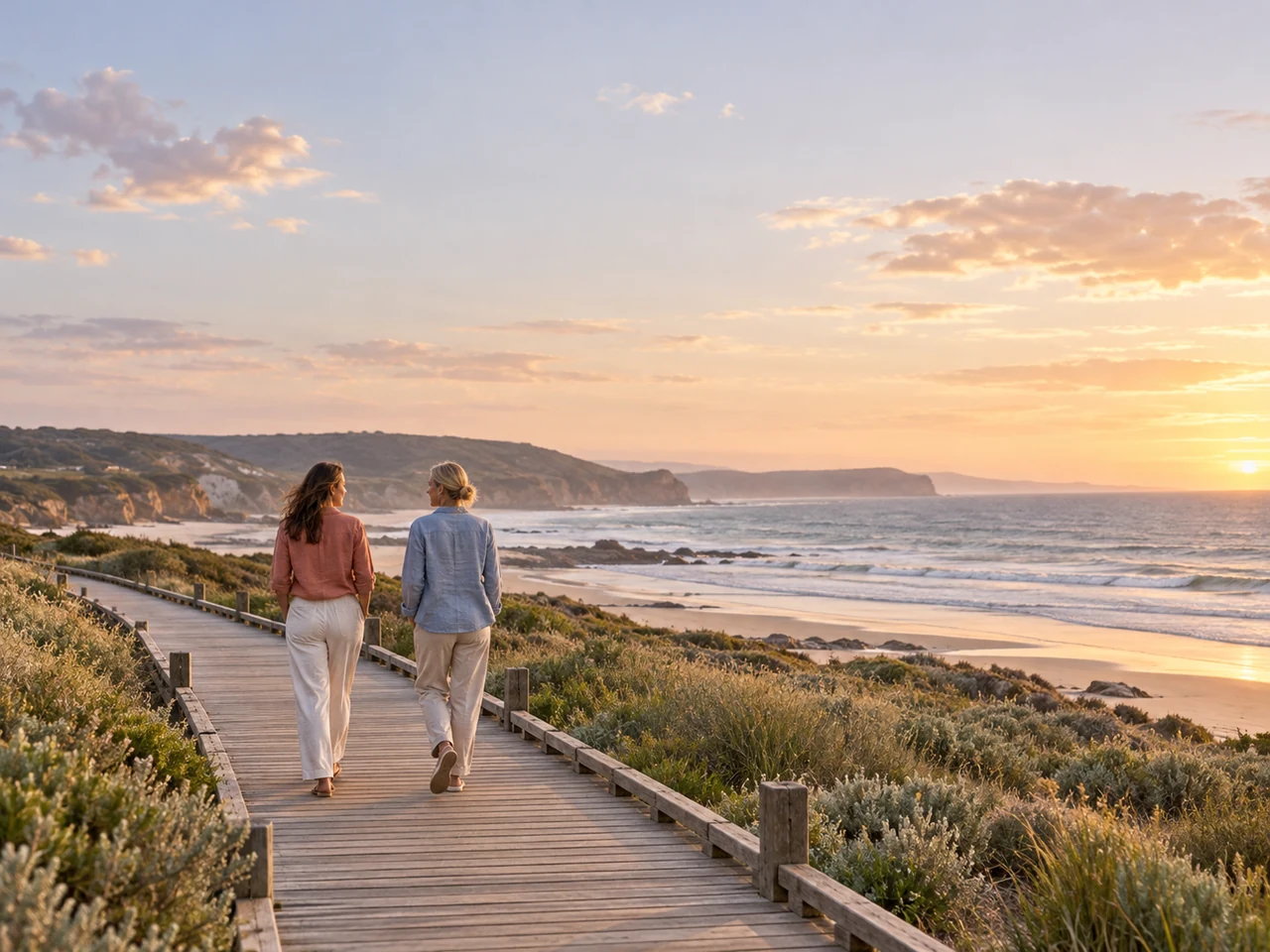 Two adults walking along a coastal boardwalk at sunset