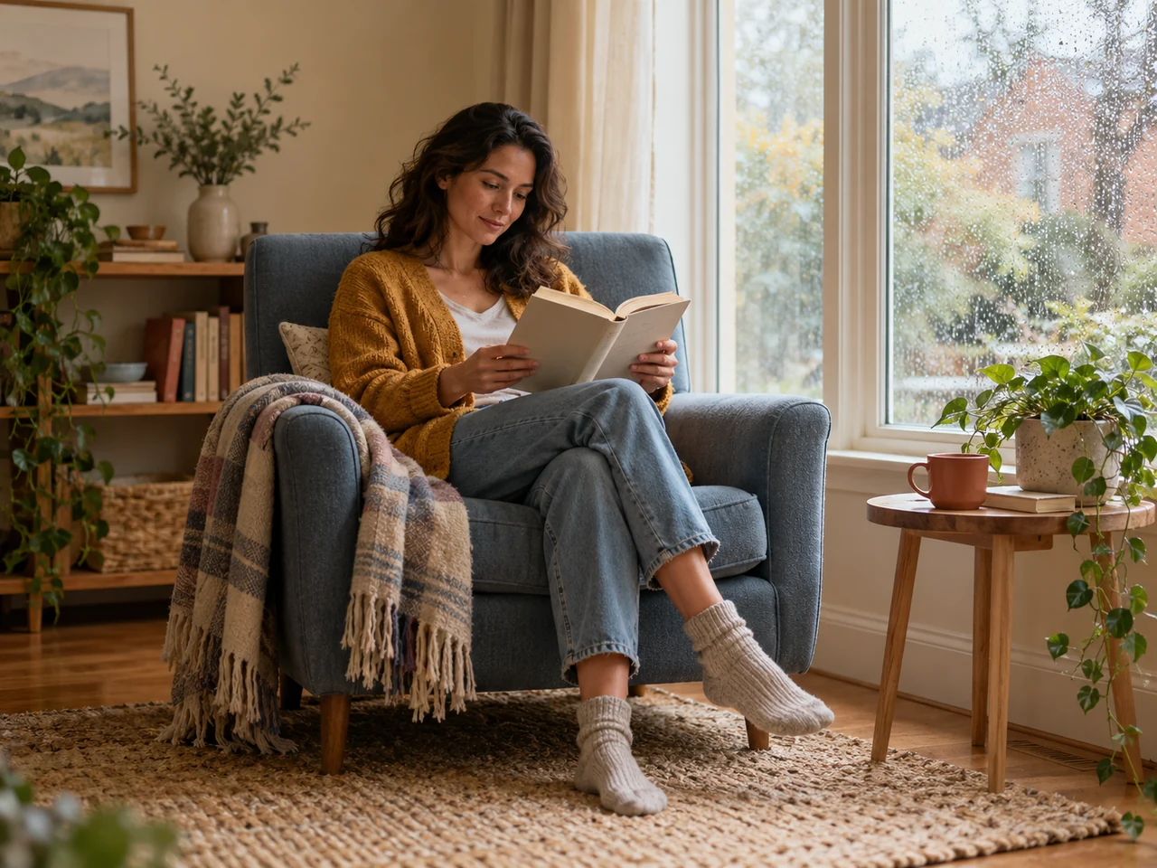 A woman reading in a blue armchair beside a rain-lit window