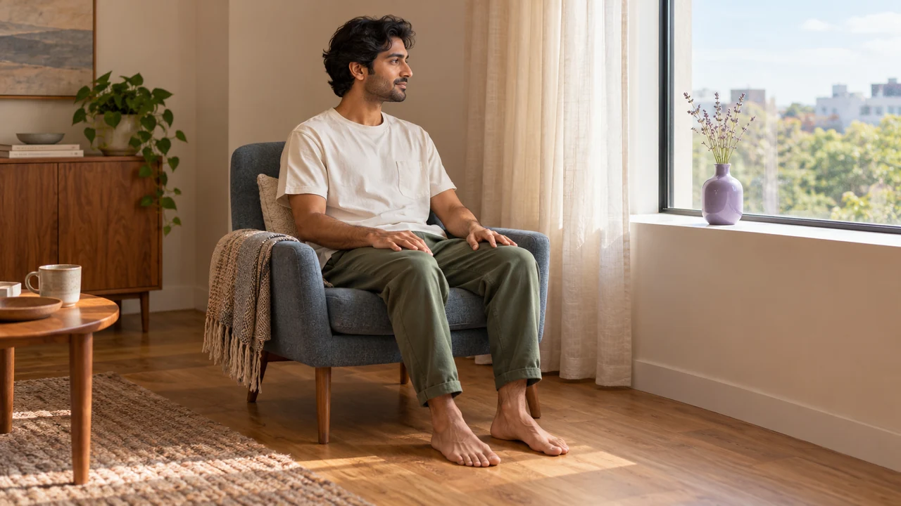 A man seated comfortably in an armchair beside a bright window