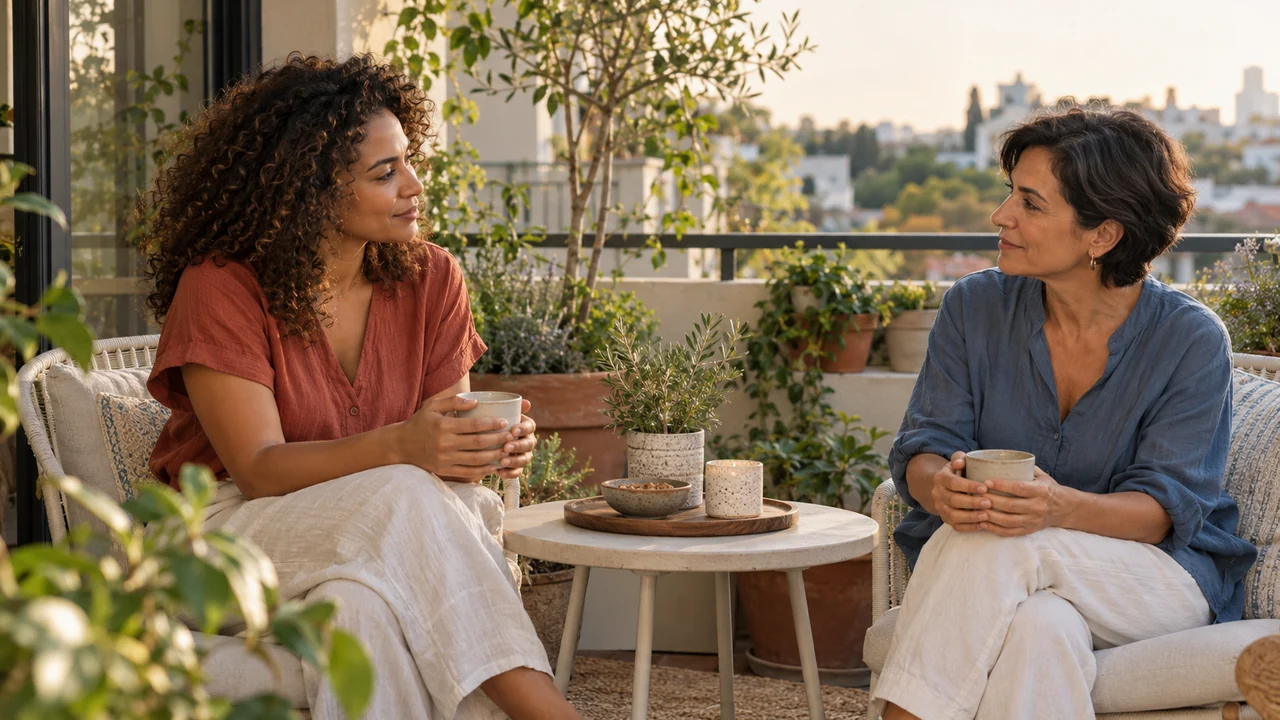 Two women talking over warm drinks on a plant-filled balcony