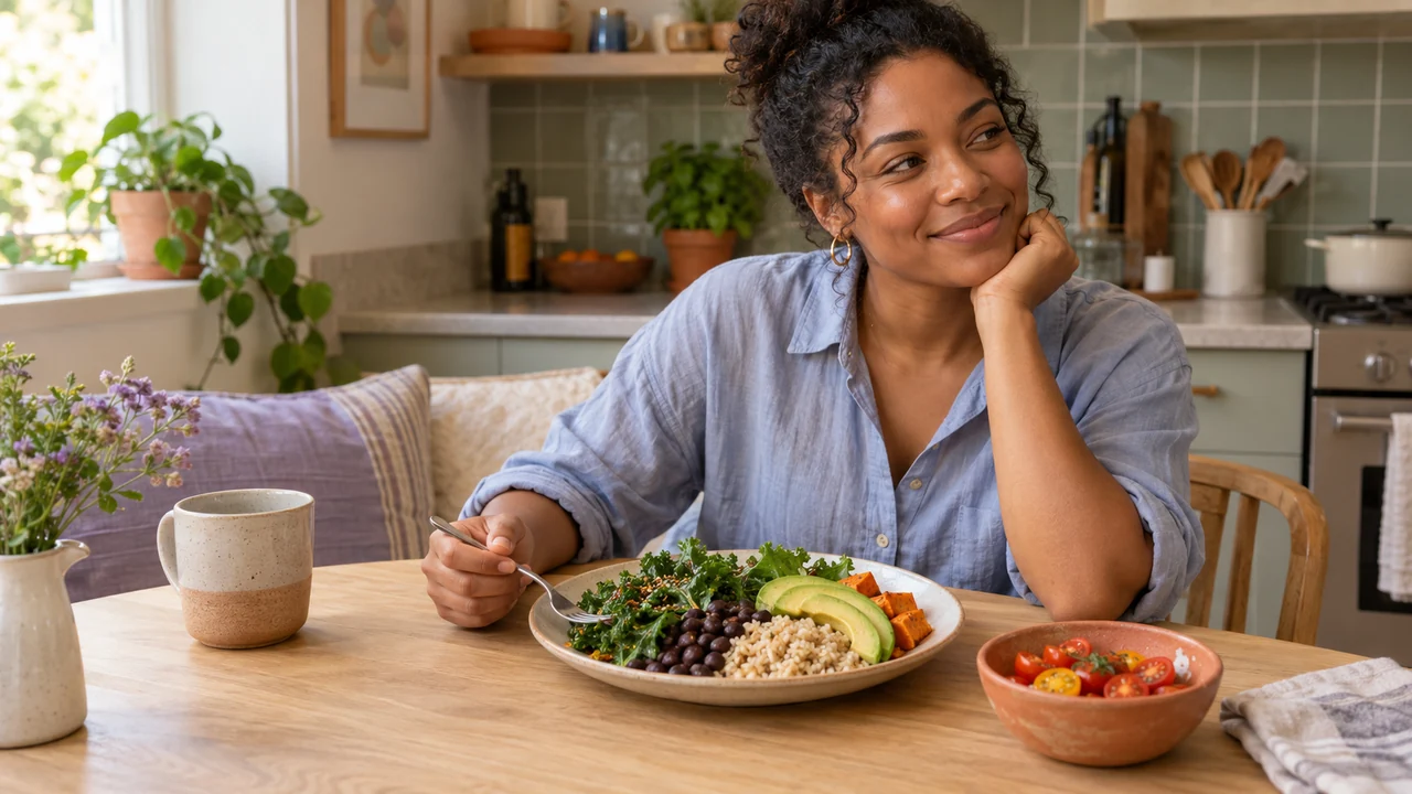 A woman sitting at a kitchen table with a varied meal and a bowl of fruit