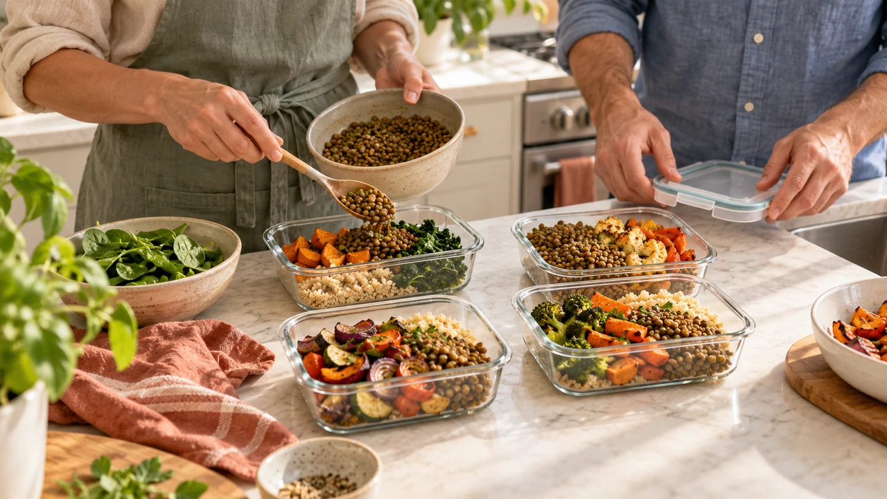 Two adults portioning grains and vegetables into meal containers