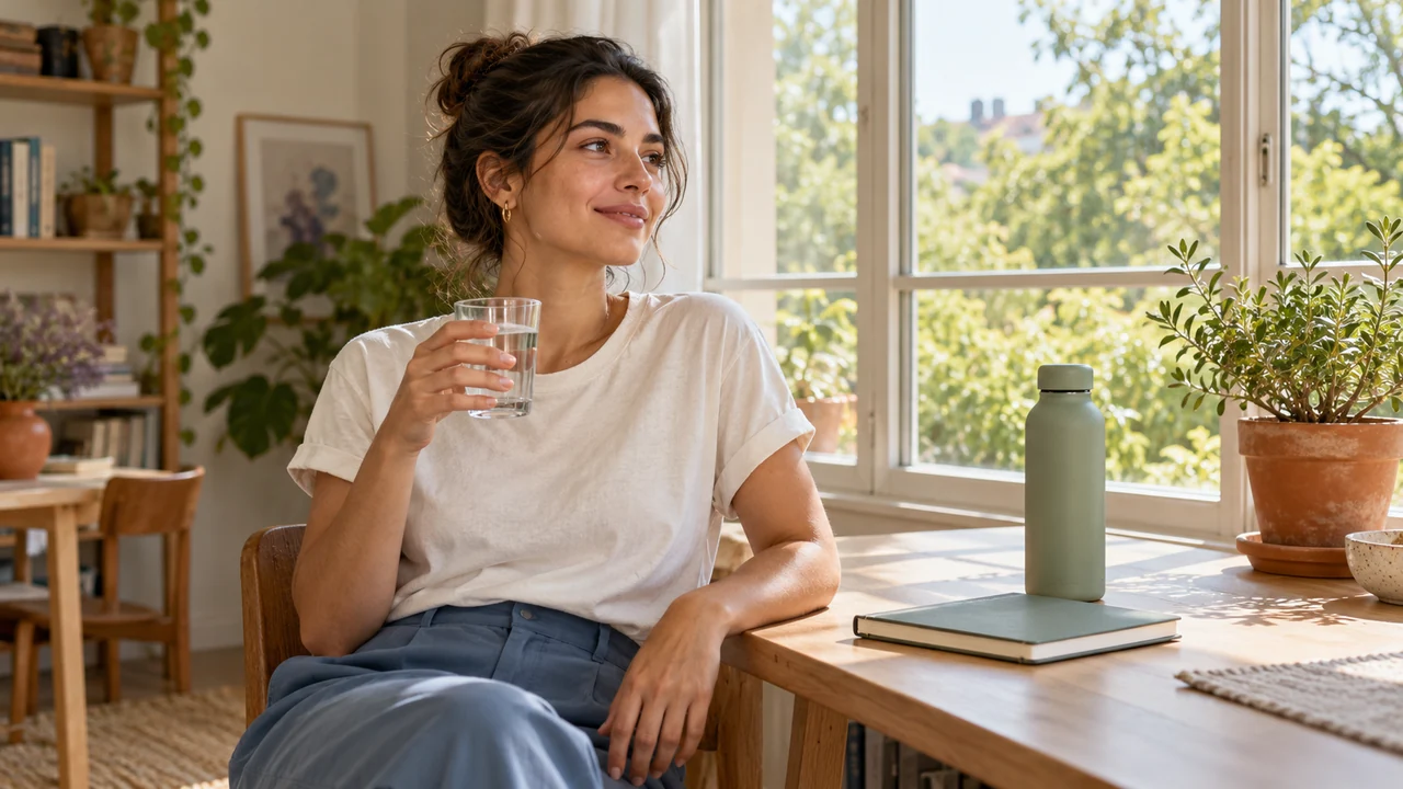 A woman holding a glass of water beside a sunny window