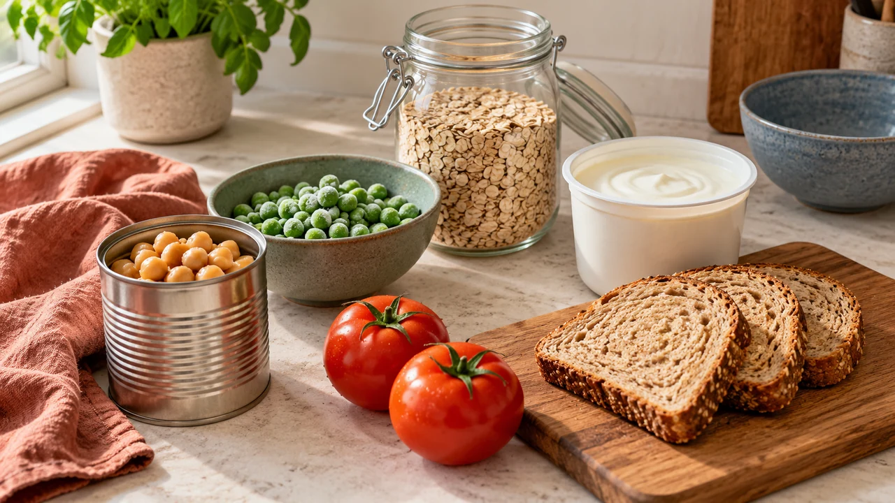 Canned chickpeas, frozen peas, oats, yogurt, tomatoes and bread on a kitchen counter