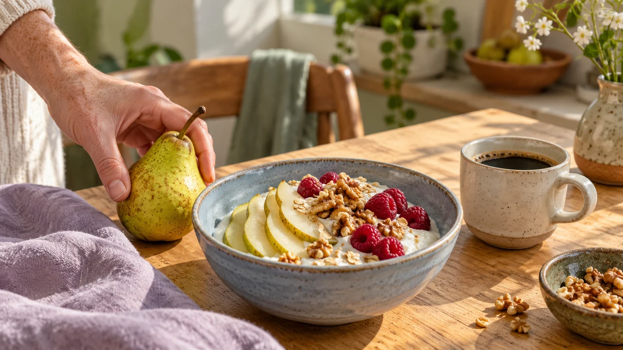 Hands preparing a pear beside a bowl of yogurt, fruit and nuts