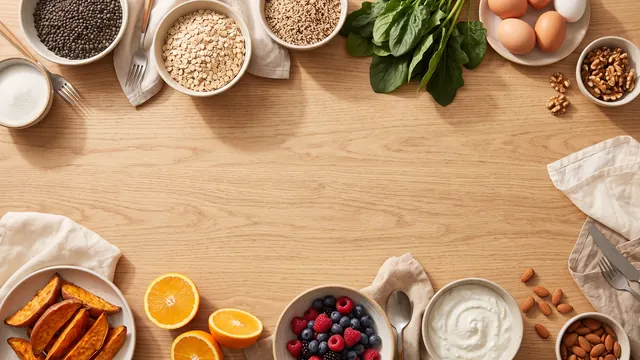 Bowls of lentils, oats, berries, yogurt, eggs, nuts, greens and roasted sweet potato around a wooden table