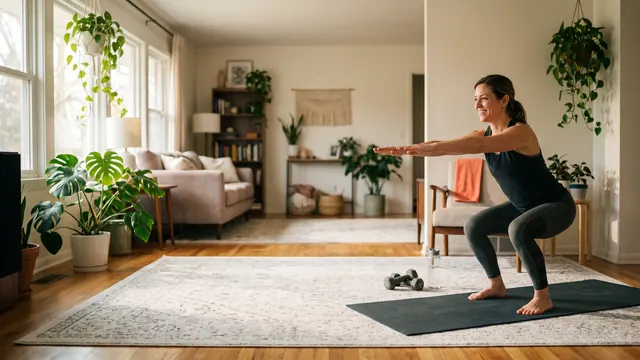 A smiling woman doing a bodyweight squat on a mat in a sunny living room, small dumbbells beside her