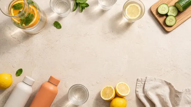 A carafe of water with orange and mint, glasses of water, reusable bottles, lemons and cucumber on a light counter