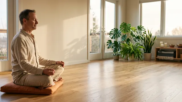 A man meditating cross-legged on a floor cushion in a quiet, sunlit room