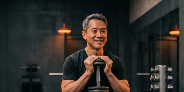 A grey-haired man smiling as he holds a dumbbell for a goblet squat