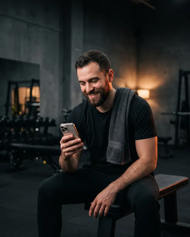 A bearded man smiling at his phone while resting on a bench