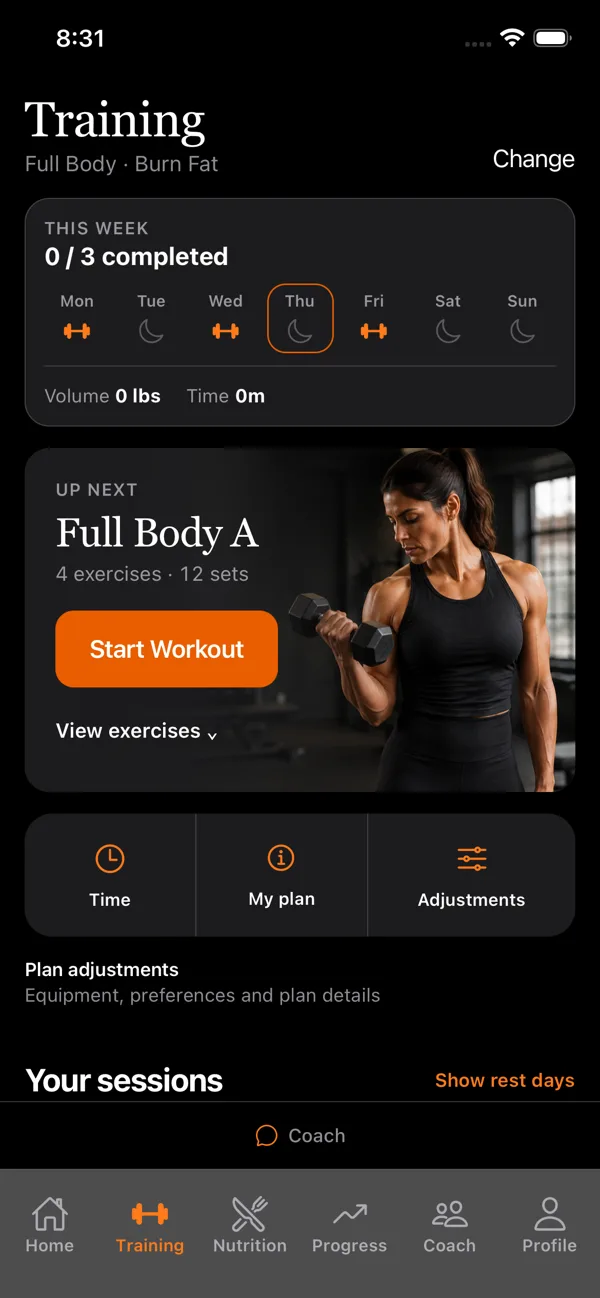 LiftIQ Training screen showing this week's sessions