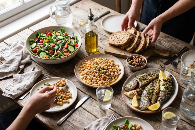 A shared table with salad, beans, grilled fish, whole-grain bread and water