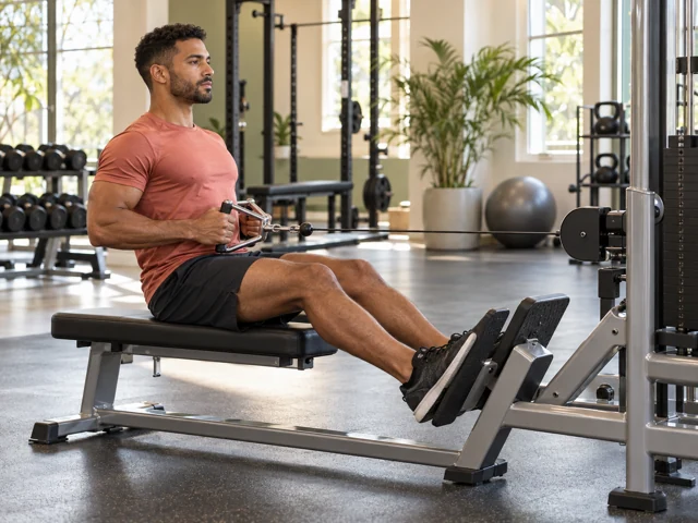 An adult using a seated cable row machine
