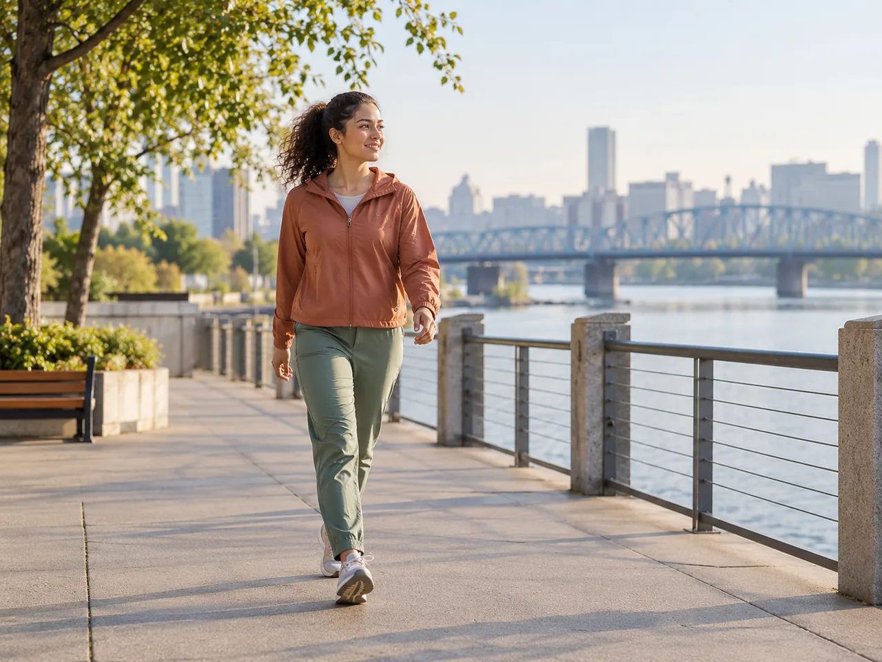 A woman walking along a level riverside path in morning light.