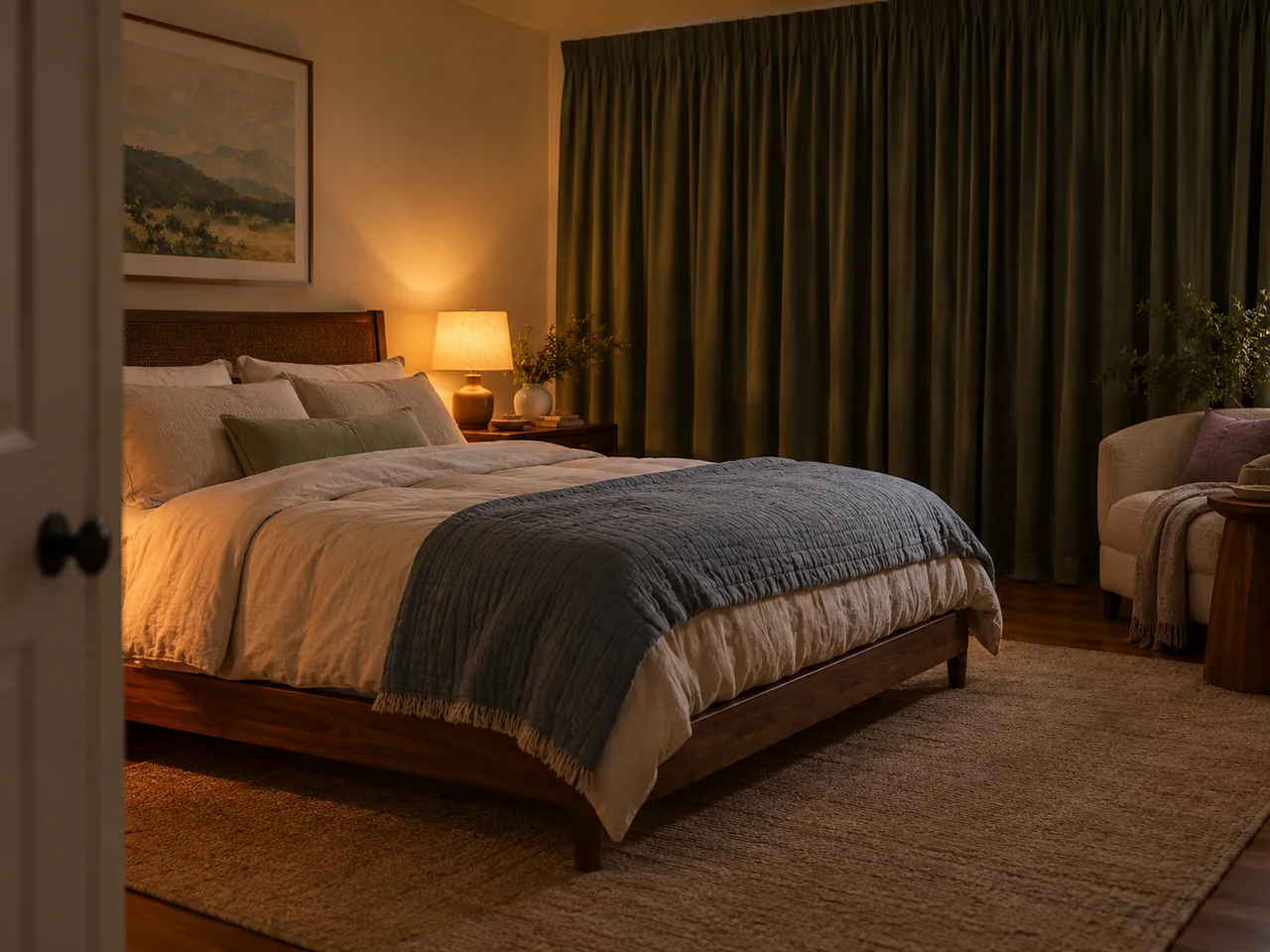A bedroom with blackout curtains drawn and a low amber bedside lamp, no person