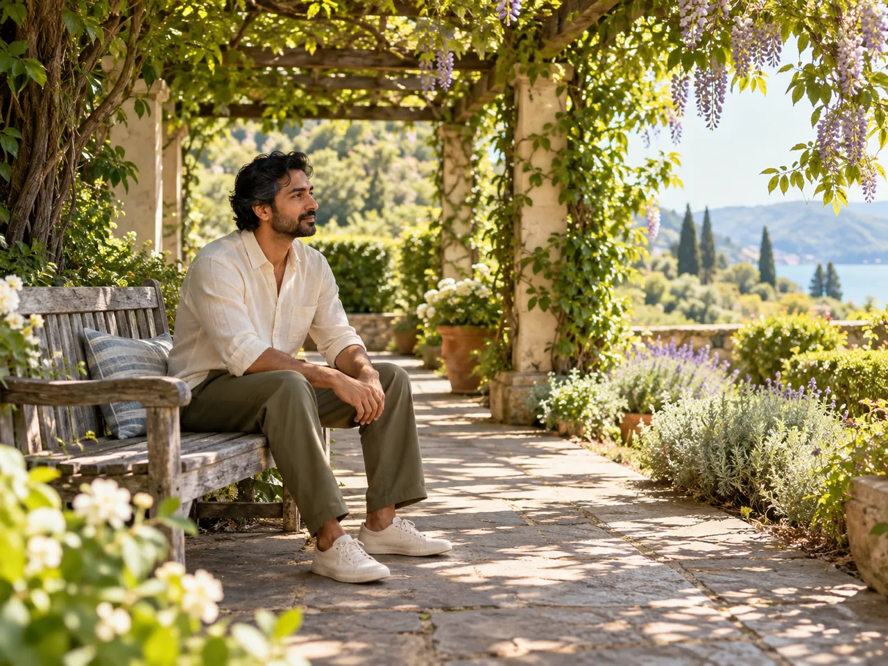 A person pauses on a shaded garden bench with both feet on the ground, eyes open