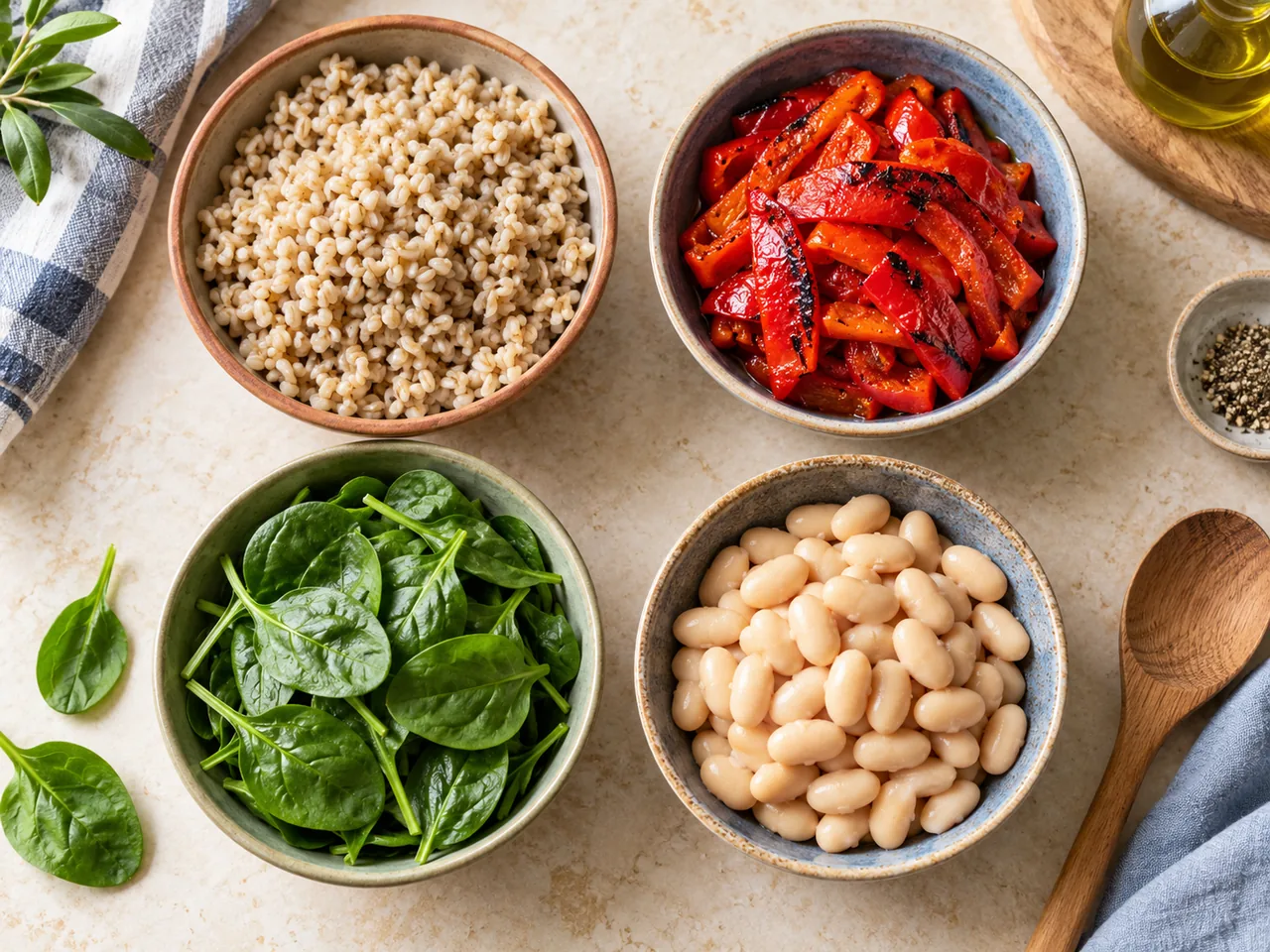 Overhead view of ingredients shared across meals: cooked barley, roasted peppers, spinach and white beans