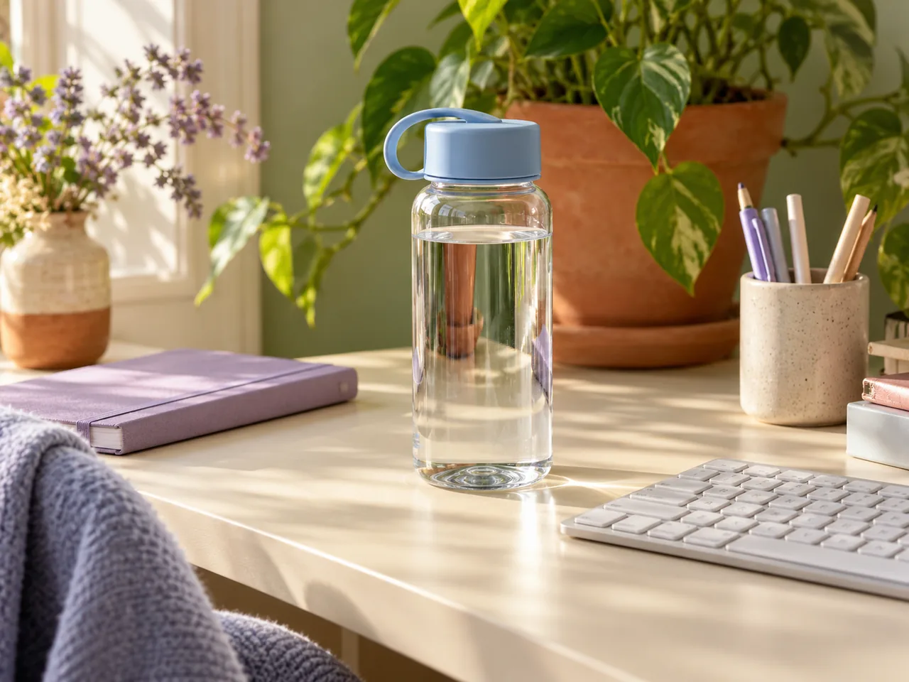 A reusable water bottle beside a keyboard on a sunny home-office desk