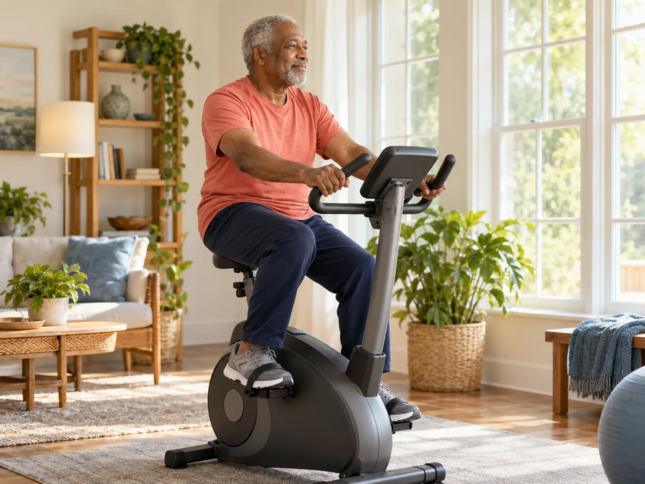 An older man using a stationary bicycle in a bright recreation room.