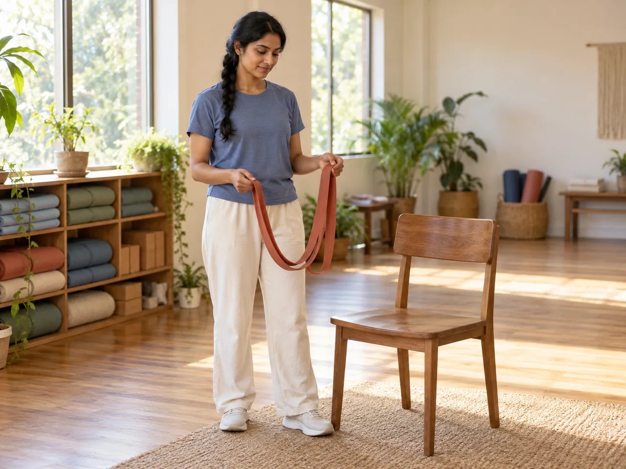 A woman preparing a resistance band beside a sturdy chair in a studio.