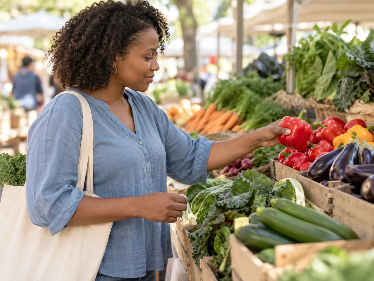 A woman chooses colorful seasonal vegetables at an outdoor market stall