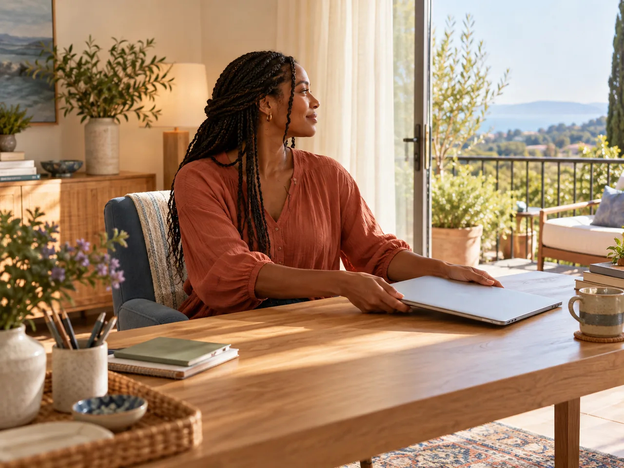 A woman puts a closed laptop aside and looks toward a sunlit balcony