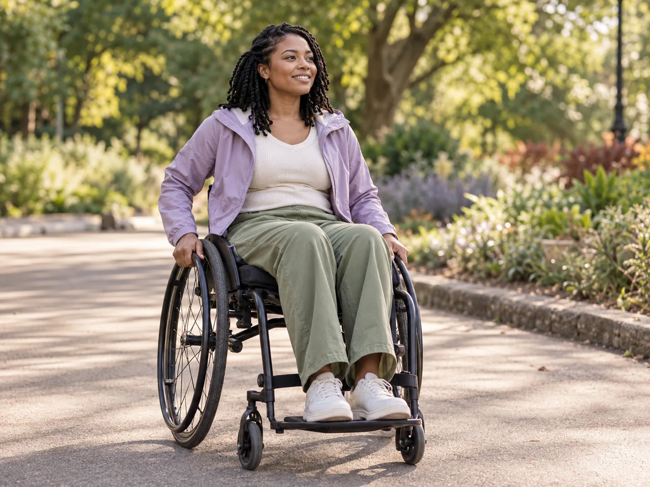 A woman using a manual wheelchair along a smooth tree-lined park path.
