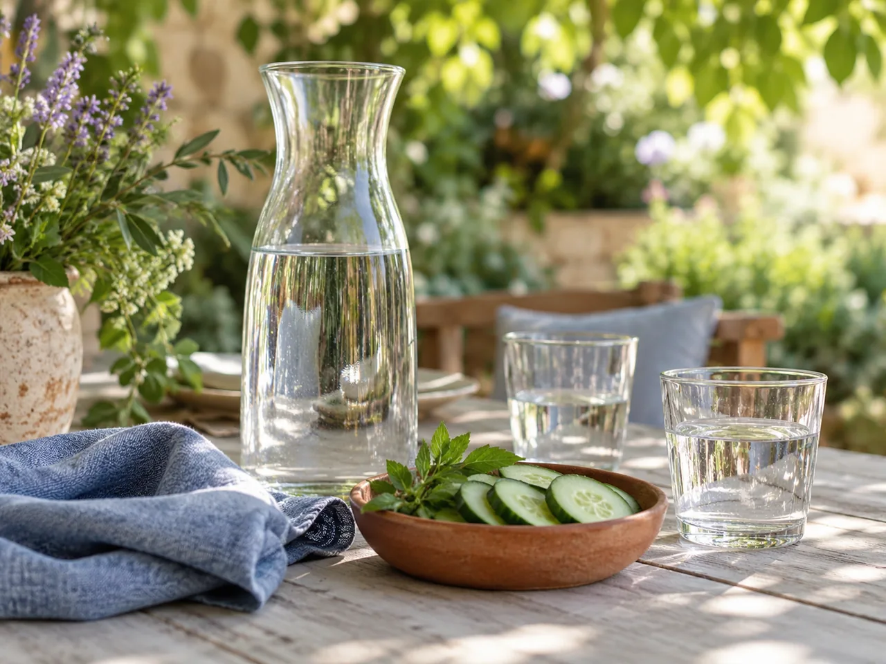A glass carafe, drinking glasses and cucumber slices on a shaded outdoor table