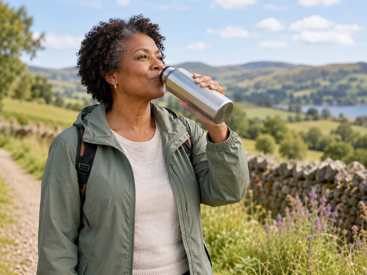A woman taking a water break beside a countryside walking path