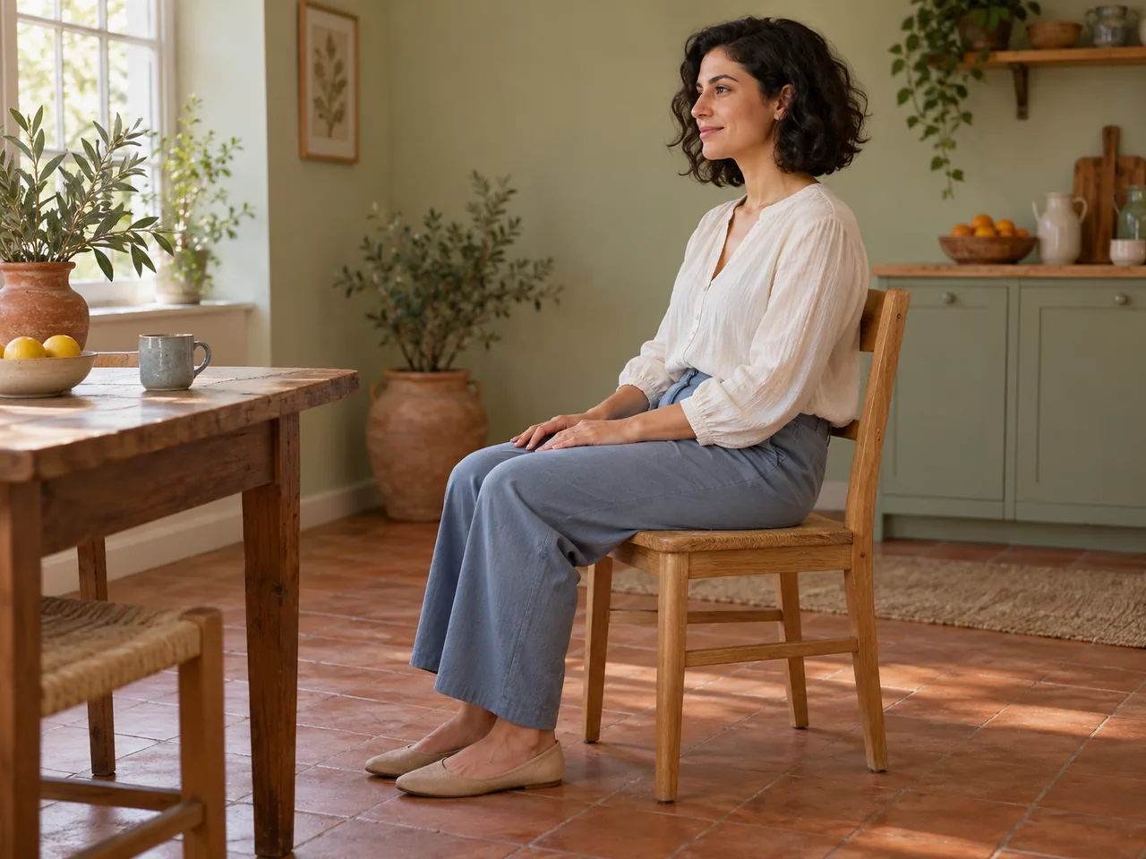 A woman sitting comfortably on a kitchen chair with her feet on the floor.