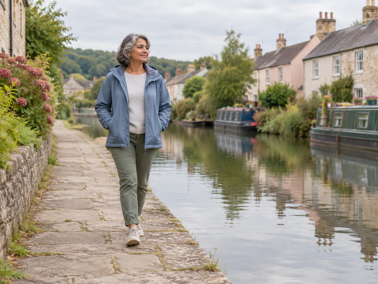 A woman taking a quiet walk beside a canal under cloudy skies.