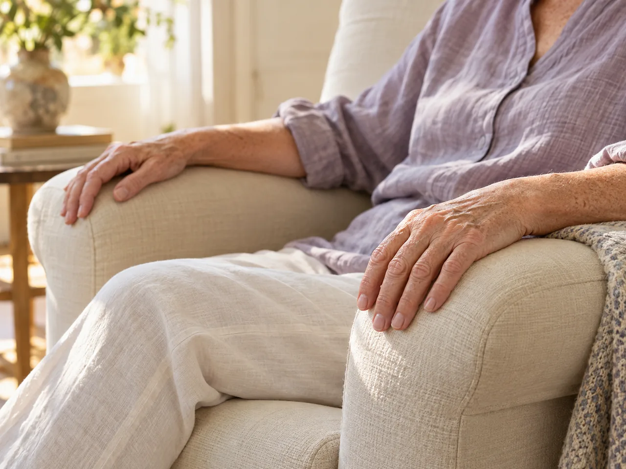 An adult's relaxed hands resting on the arms of a soft upholstered chair.