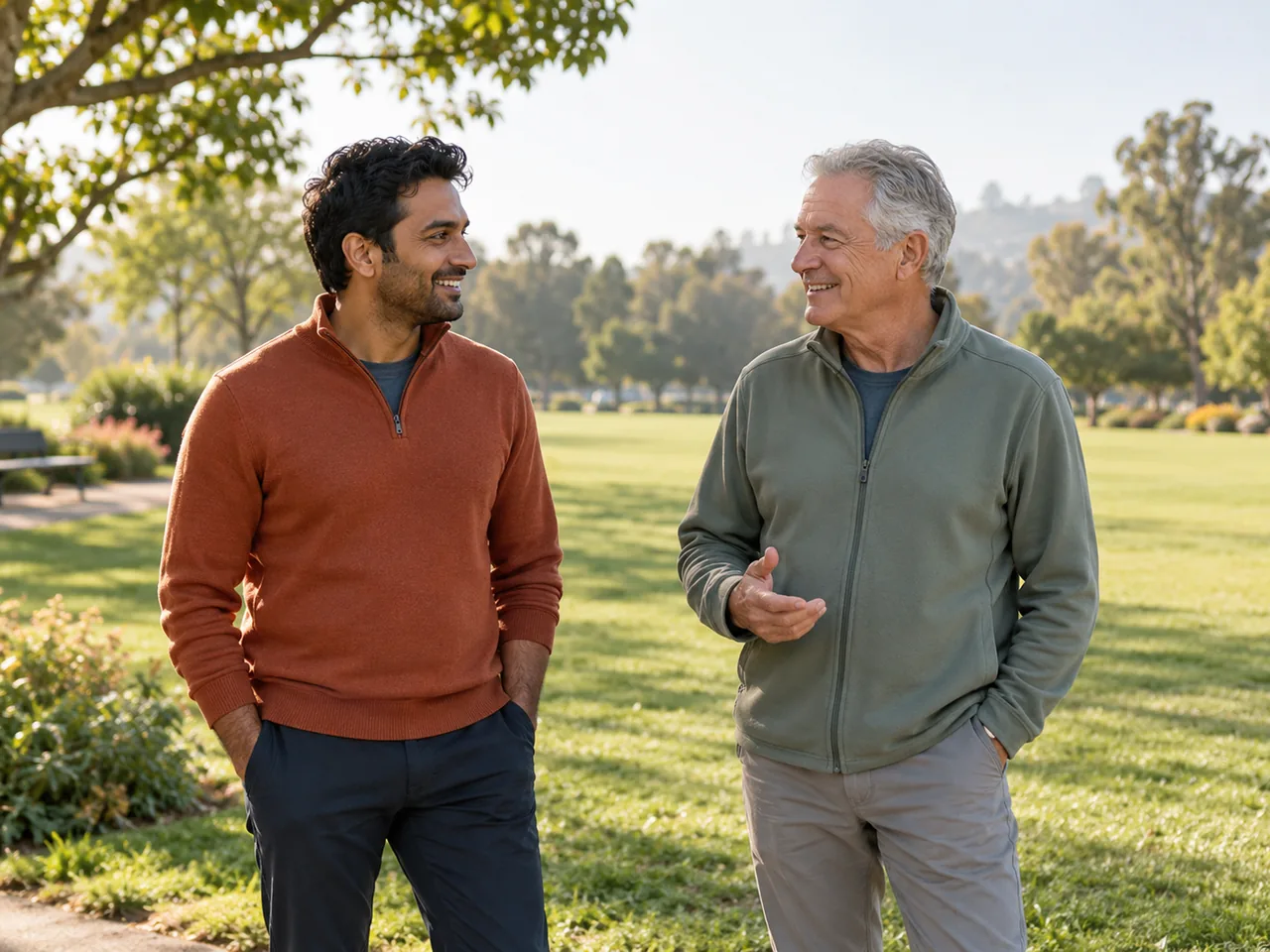 Two men sharing a friendly conversation beside a grassy recreation area.