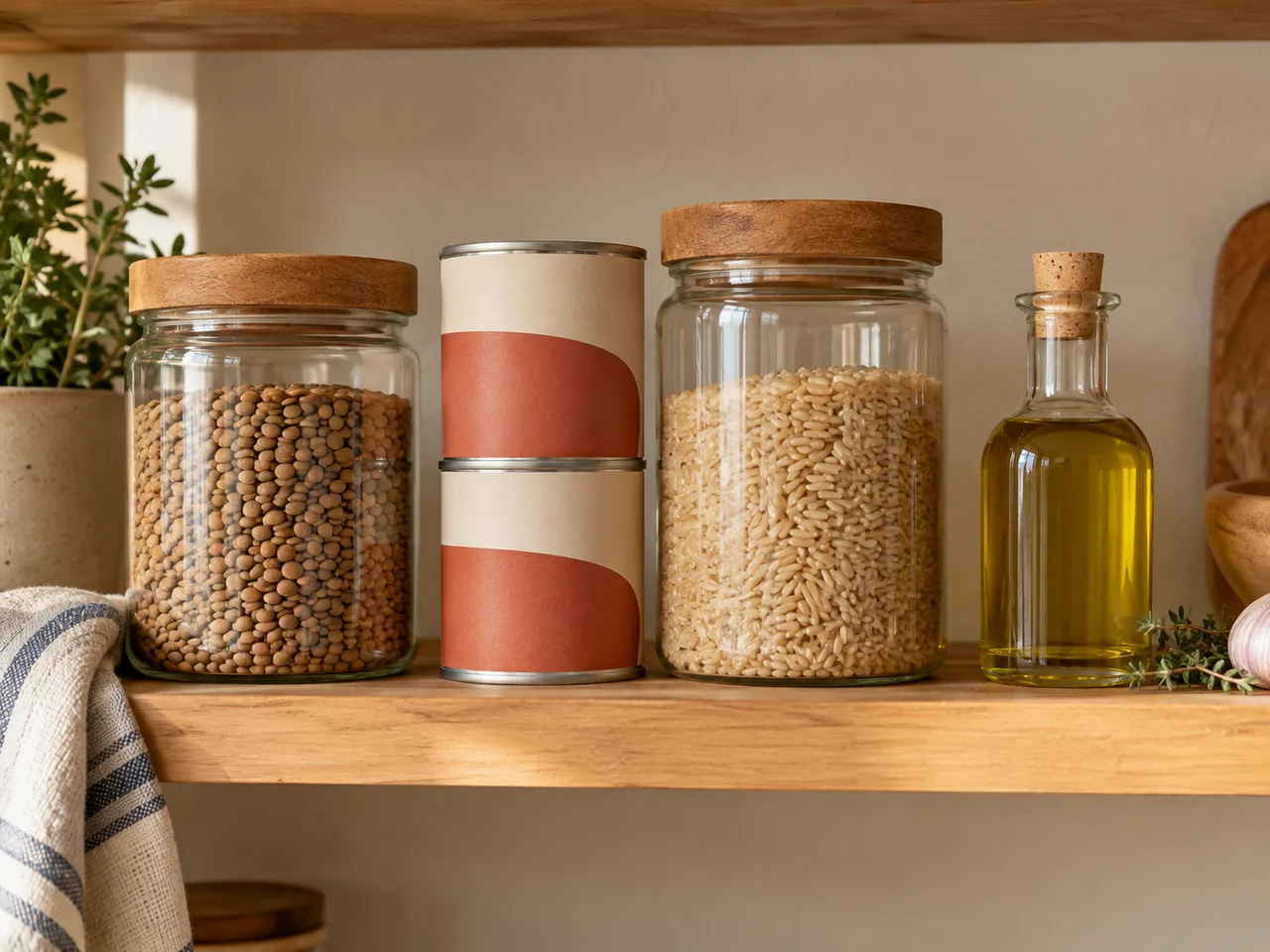 A wooden pantry shelf with lentils, canned tomatoes, brown rice and olive oil, all packaging unbranded