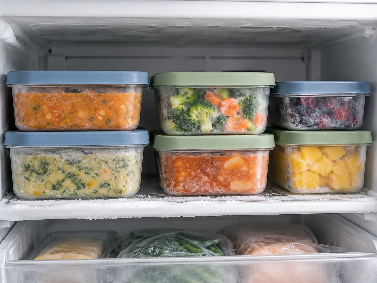 A neatly organized freezer shelf with closed reusable food containers, no readable labels