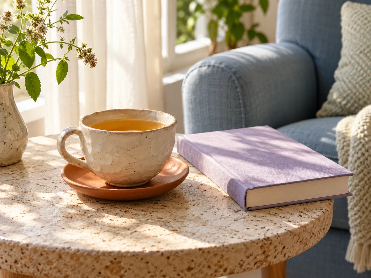A cup of herbal tea beside a closed book in a bright reading nook