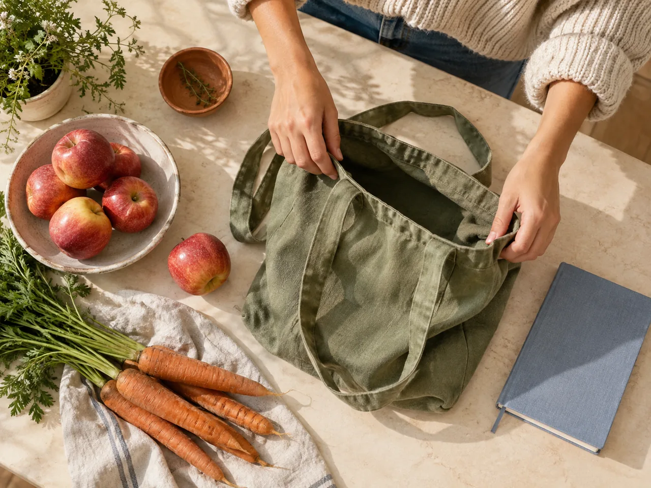 Hands opening a reusable grocery bag beside apples, carrots and a closed notebook.