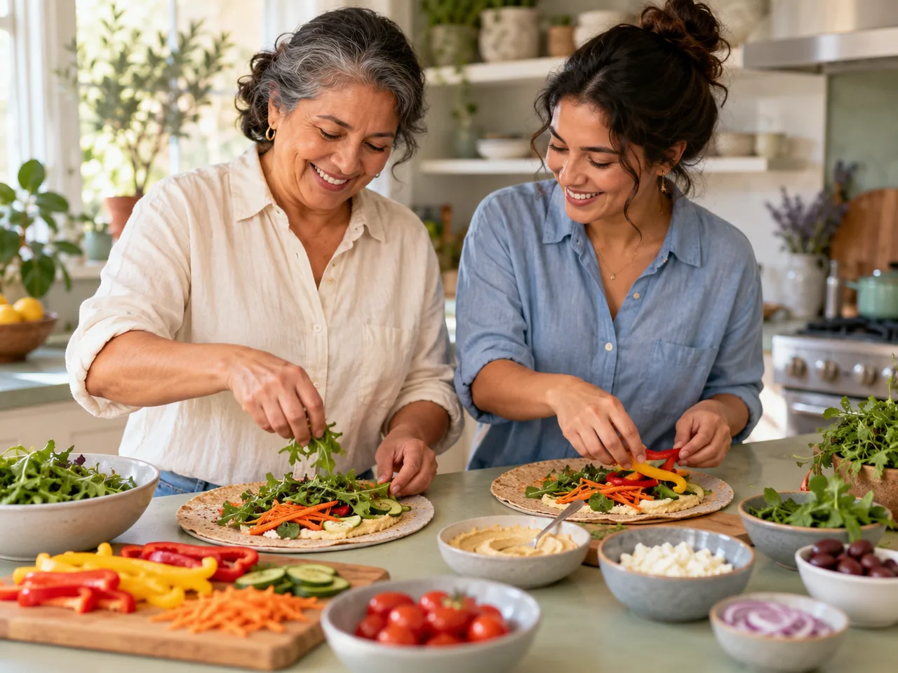 A parent and adult daughter assemble vegetable wraps at a pale green counter