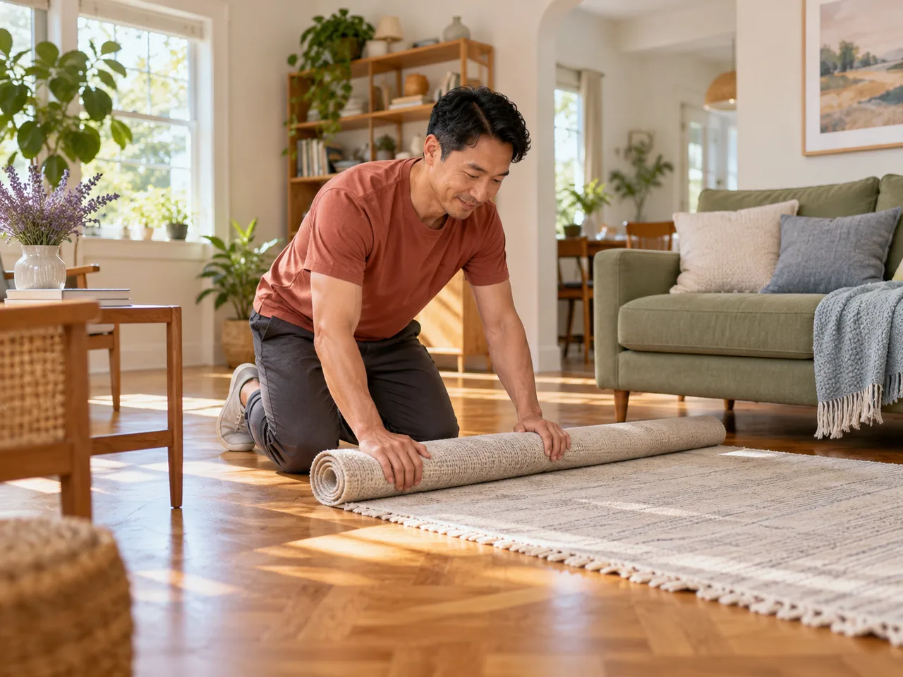 An adult moves a lightweight rug aside to create an uncluttered exercise area, wide domestic view