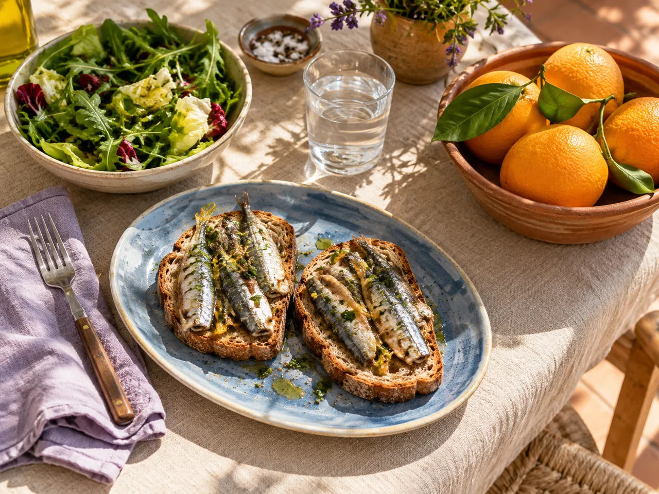 Sardines on toast with fresh greens and oranges on a dining table