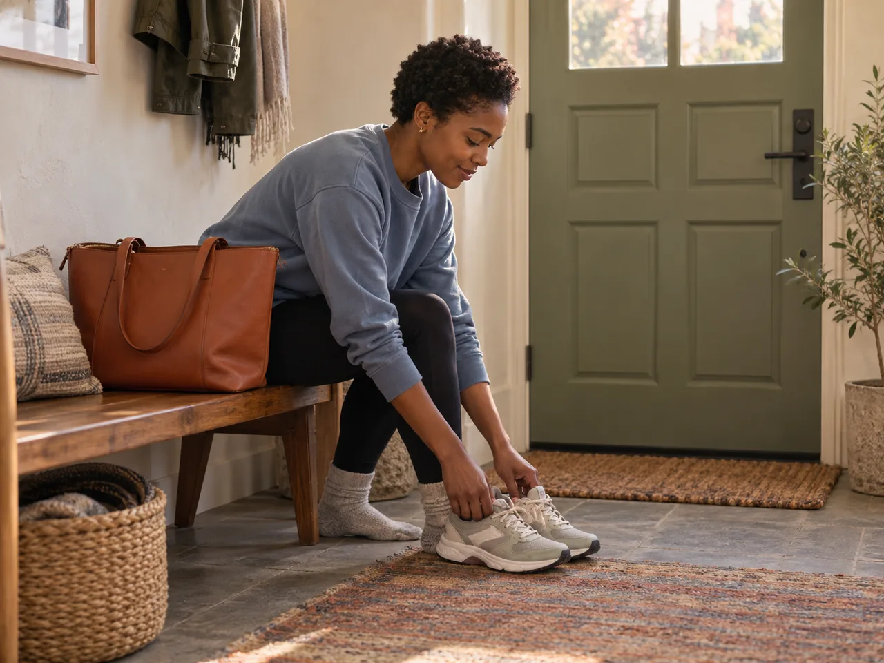 A woman setting training shoes beside a work bag in a sunlit entryway.