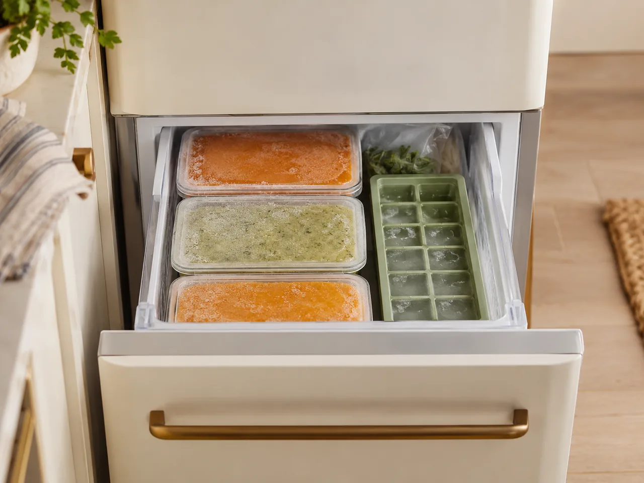 Closed portions of soup and an ice tray arranged inside a freezer drawer.