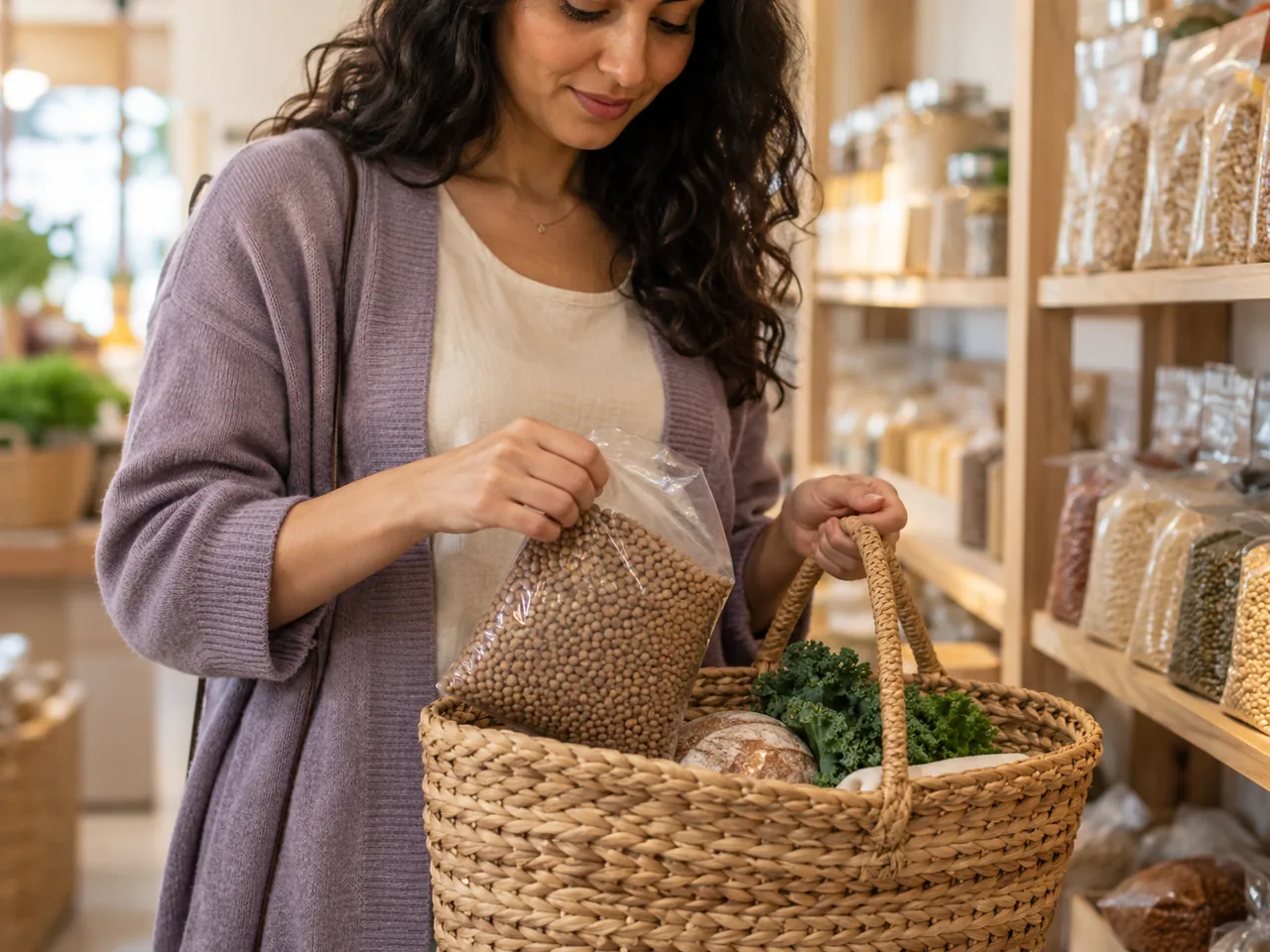 A shopper placing a bag of dried lentils into a woven basket.