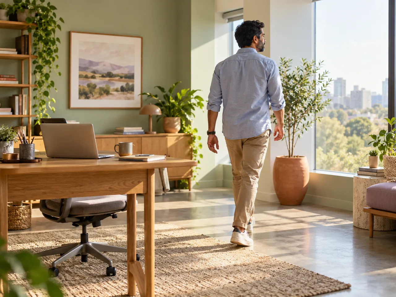 A man walking away from his desk toward an office window