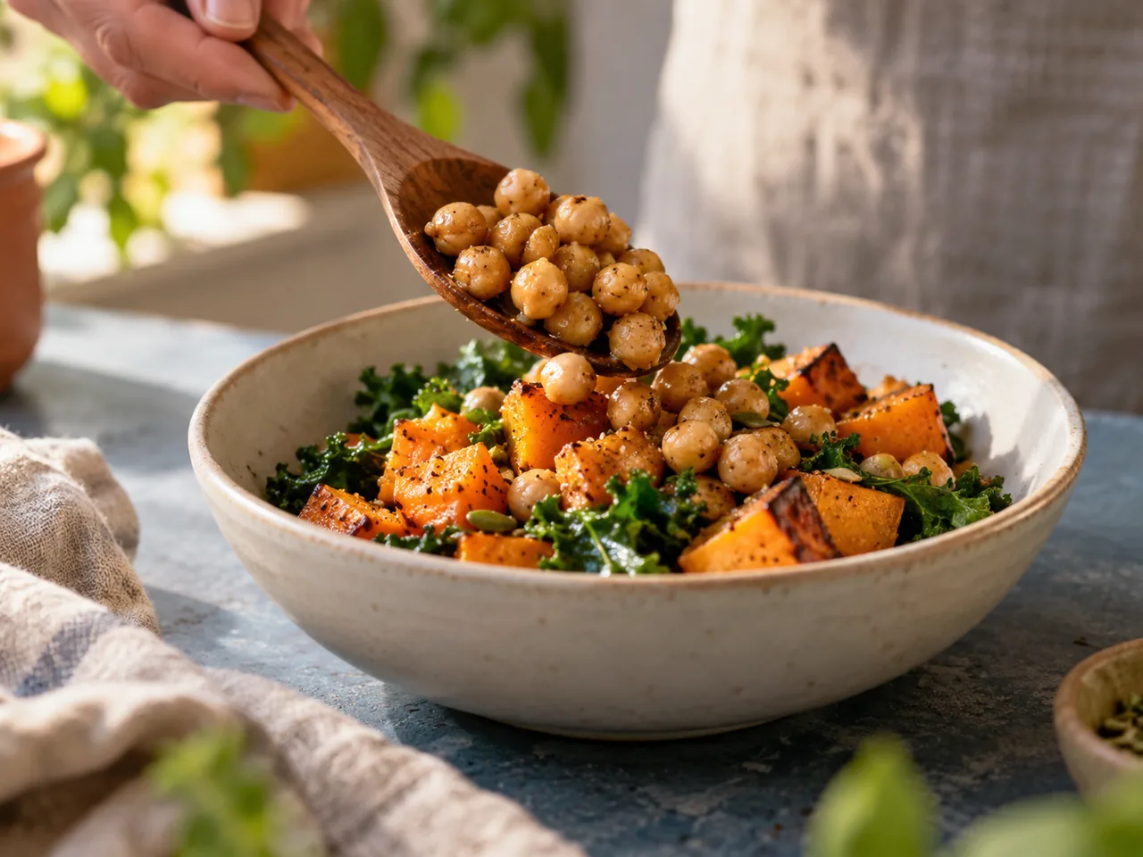 A close view of a spoon scooping chickpeas into a bowl of roast squash and greens