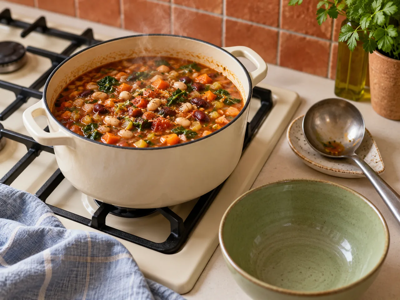 Vegetable and bean soup in a saucepan beside a ladle and empty bowl