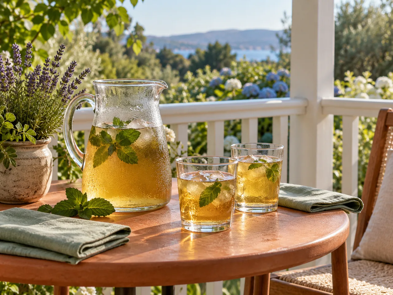 A pitcher of mint tea and two glasses on a shaded veranda