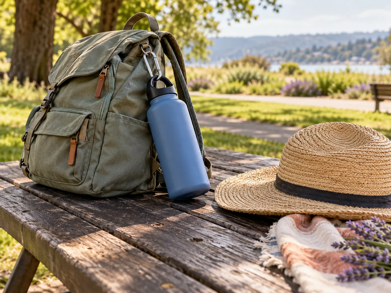 A refillable water bottle clipped to a day bag beside a sun hat